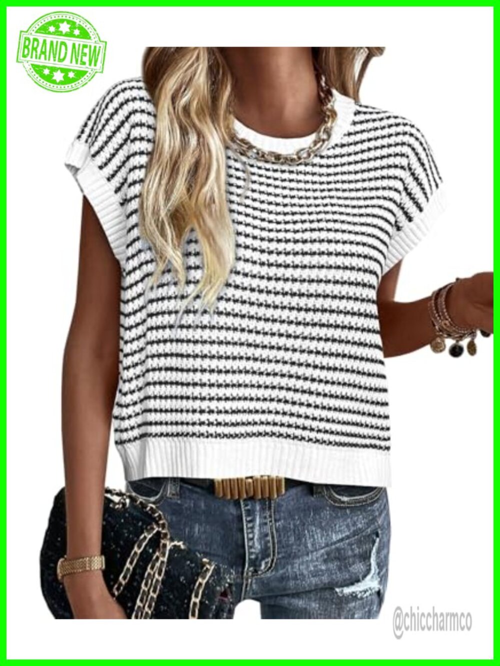 Striped Short Sleeve Sweater Vest Knit Pullover Cap Sleeve Layering Top